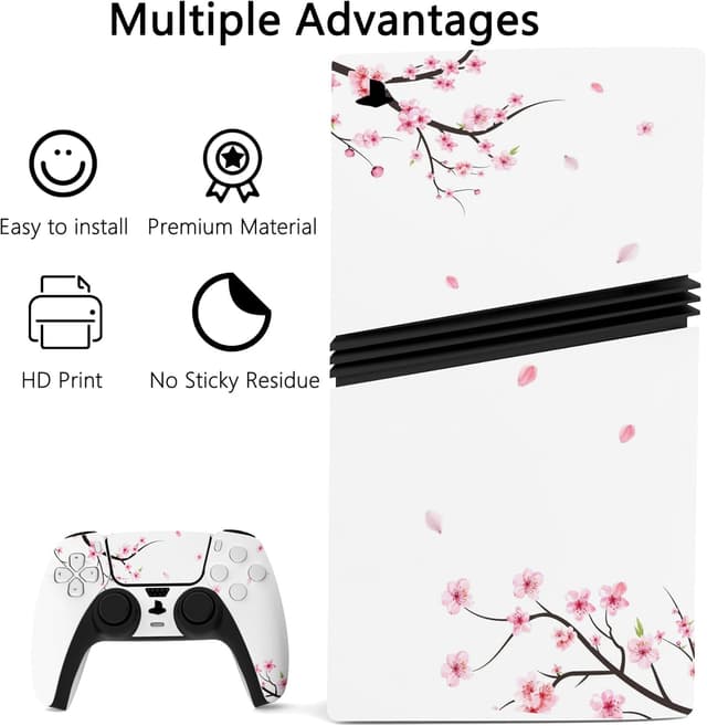 Detalle de Playvital Full Set Skin Stickers for PS5 Pro — Vinyl decal wrap set for console, controller, headset & more (Falling Cherry Blossom)