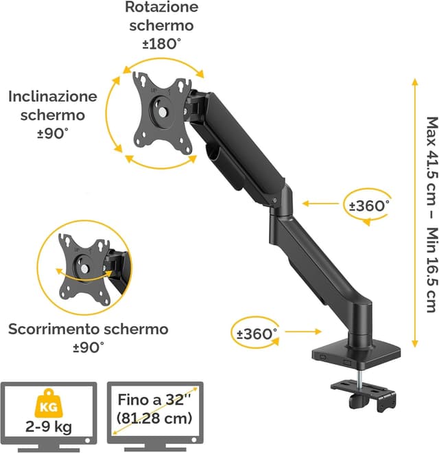 Detalle de Fellowes Braccio Monitor Singolo Everyday Plus per schermi 17–32" (2–9 kg) con regolazione in altezza, inclinazione e rotazione – Nero