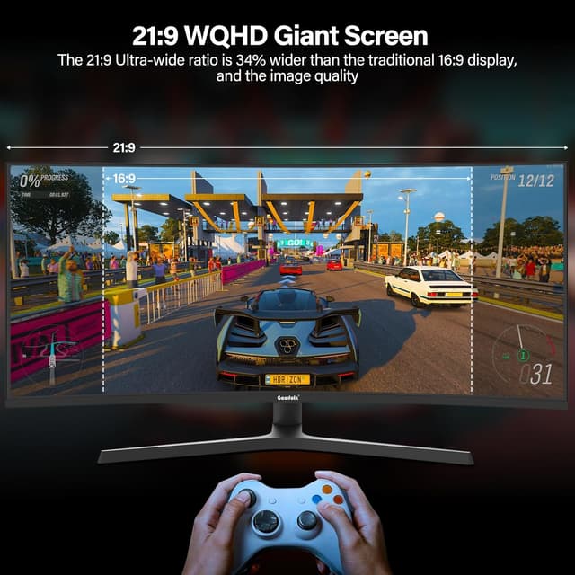 Detalle de Gawfolk 34" Ultrawide Curved Gaming-Monitor (1500R) – UWQHD 3440×1440, 165 Hz, FreeSync, VESA 75×75