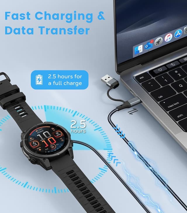 Thumbnail 6 de MoKo 2-in-1 Charger Cable (2 Pack) for Garmin Watches – USB-C/USB-A adapters with right-angle TPE cable, Gray