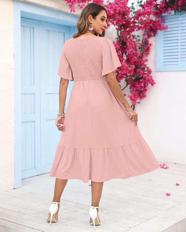 Detalle de AUSELILY Women’s Summer Empire Waist Smocked Flutter V-Neck Midi Dress