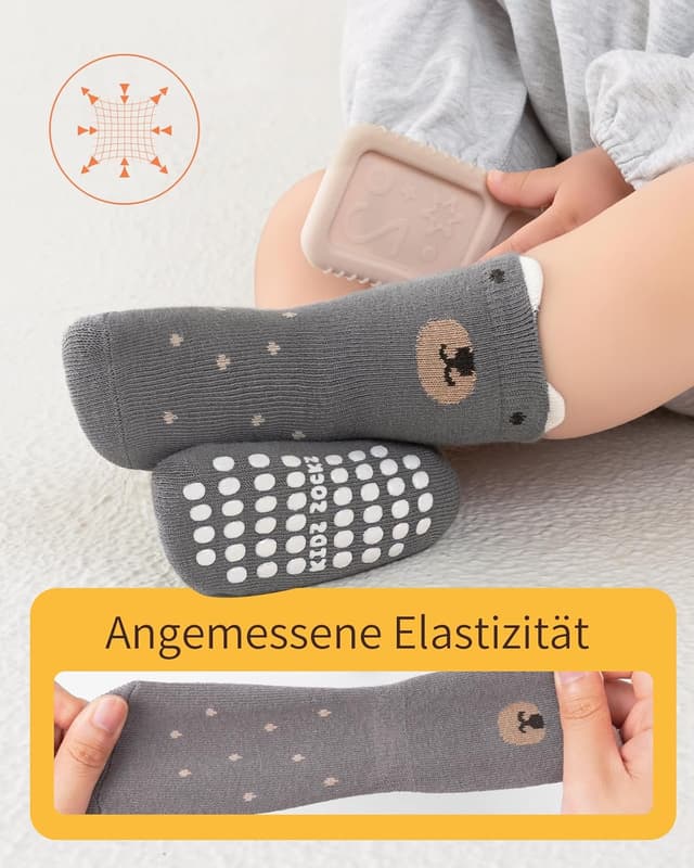 Detalle de Kyopp 5/10 Paar Baby- und Kleinkinder-Socken mit ABS-Noppen (Tiermotive) – rutschhemmend, Baumwolle