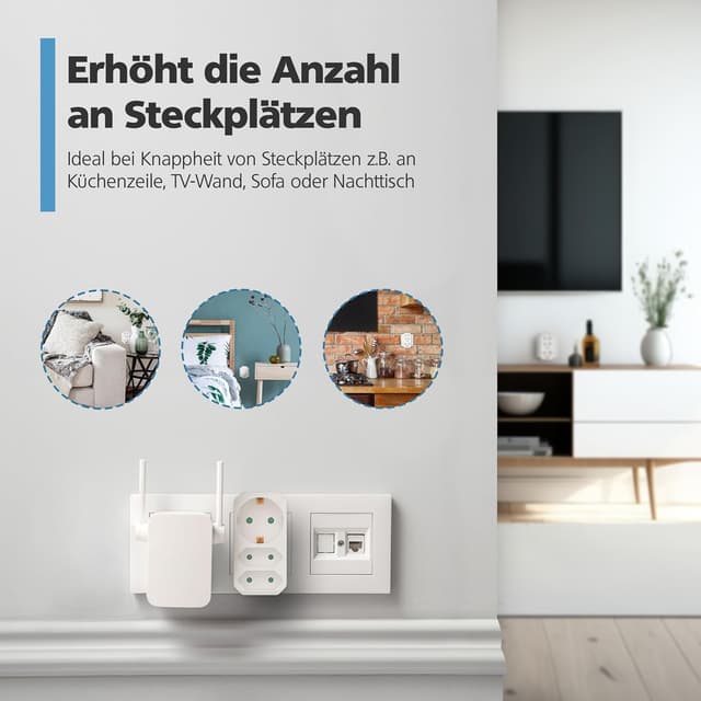 Detalle 2 de benon 2er-Set Mehrfachstecker Weiß – 2 Euro + 1 Schuko mit Kindersicherung (3680 W)