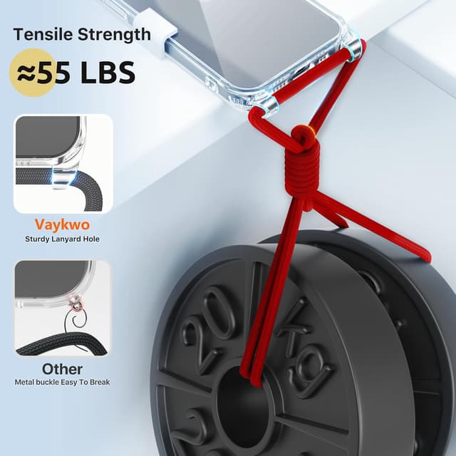 Detalle 2 de Vaykwo Handykette mit Band für iPhone 16 Pro – transparente Umhängehülle mit Kameraschutz & Displayschutz
