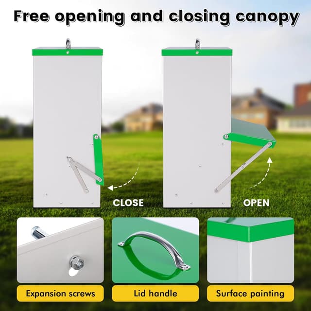 Detalle 2 de MasXirch Futterautomat Hühner 11 kg – Metall-Futtertrog mit Deckel für Außenbereich