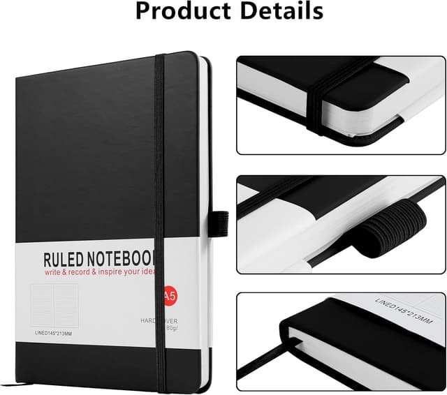 Detalle de Notebook A5, 3 Pack Journal A5 Notebook 200 Pages 80 GSM Journal Notebook Hardback Notepad with Lined Pages, Pen Loop and Expandable Paper Pocket, Journal Notepad Note Book (Black)