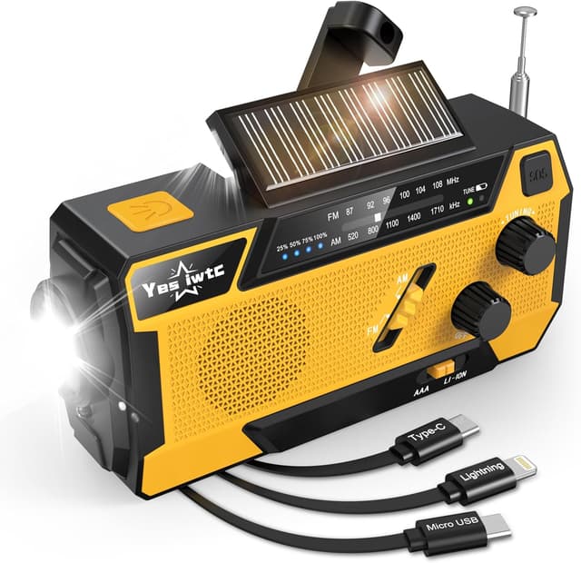 Detalle de Wind Up Solar Radio emergency hand crank radio with SOS alarm, flashlight & built-in cables (7400mWh / 2000mAh)