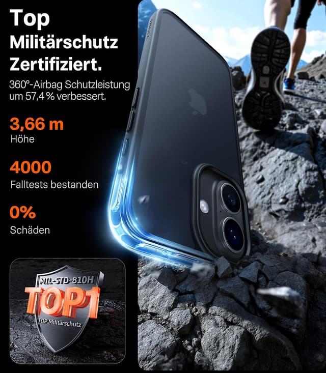 Detalle 2 de TORRAS Guardian Schutzhülle für iPhone 17 mit Kameratastenschutz – stoßfest, 9H+ kratzfest, transluzente Rückseite (matt schwarz)