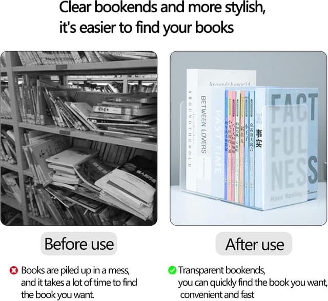 Detalle 2 de Clear Acrylic Bookends (2 Pack) – L-Shape Plastic Bookracks for Shelves, Desk & Home