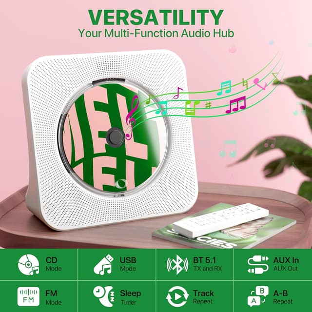 Detalle 2 de ROADOM 8-in-1 Portable CD Player for Home (Desktop) with Bluetooth, FM Radio, USB, AUX, Remote & Timer