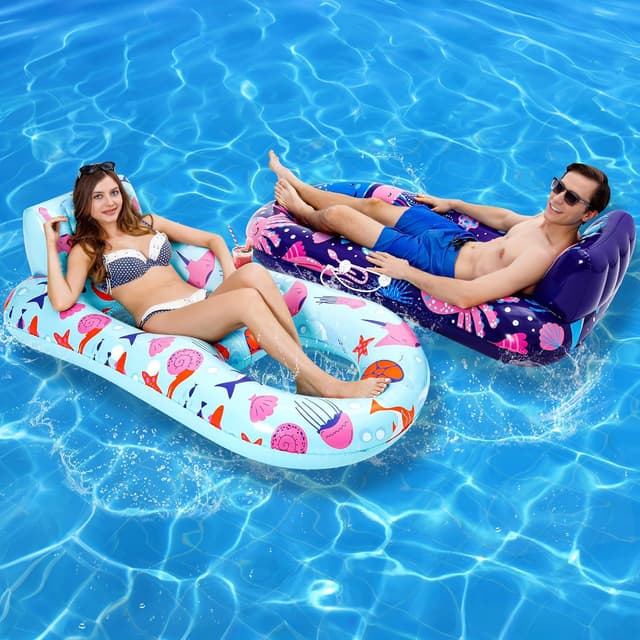 Detalle de PuppyuWill 2 Pack Inflatable Pool Lounger Floats for Adults (Heavy-Duty with Cup Holder, Backrest & Footrest)