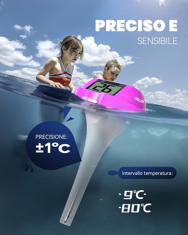 Detalle 1 de Termometro galleggiante BALDR Solare con doppio display anti-riflesso IPX7 per piscine e SPA (viola)