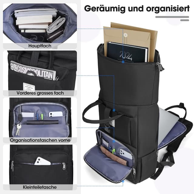 Detalle de RAINSMORE Rolltop Rucksack 15,6 Zoll