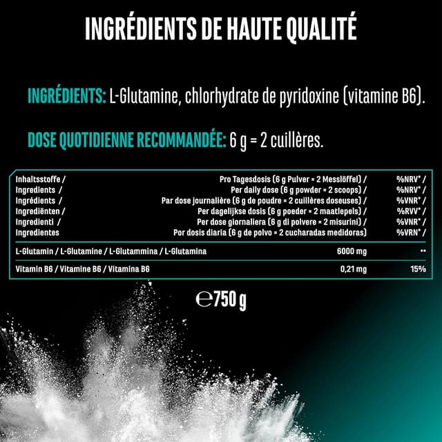 Detalle 1 de L-Glutamine en poudre 750 g Premium (100% L-Glutamine, sans additifs, vegan)