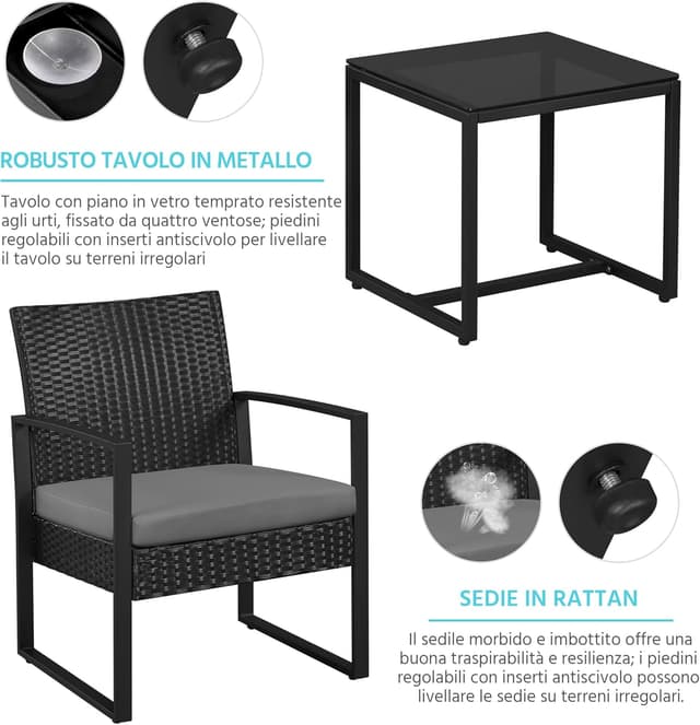 Detalle de Yaheetech Set mobili da giardino in poly rattan: 2 sedie e tavolino per balcone con cuscini