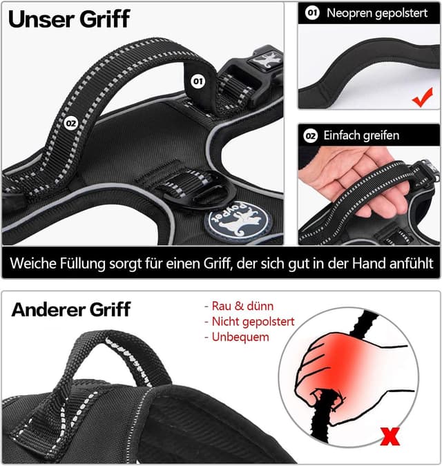 Detalle de PoyPet Keine Pull Hundegeschirr mit Easy-Control-Griff, reflektierend, weich gepolstert (ohne Choke), Schwarz – Größe XS