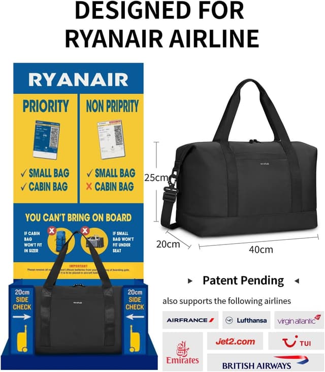 Detalle de ECOHUB Ryanair Cabin Bag 40x30x20 (24L) with Removable Wet Pocket – Foldable underseat carry on, black
