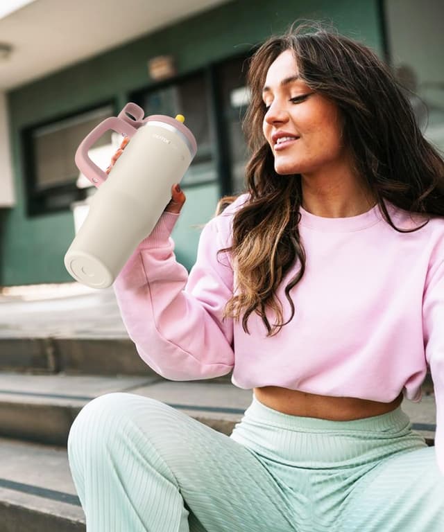 Thumbnail 6 de Mug Isotherme Isotherme avec paille et poignée 1200 ml, couvercle étanche (beige)