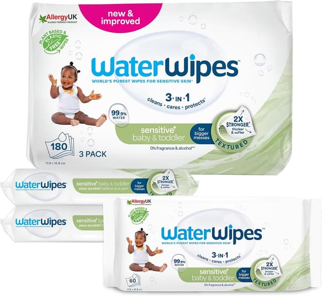 Detalle de WaterWipes Sensitive+ Baby & Toddler Wipes (99.9% water), Unscented, 180 Count (3 Packs) — 3-in-1 cleans, cares & protects