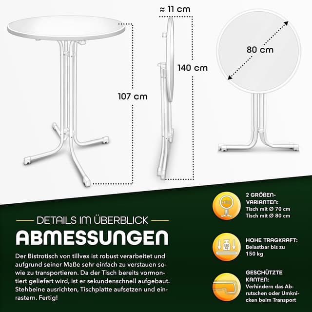 Detalle 2 de tillvex® Gastro Stehtisch klappbar rund Ø80 cm mit Husse – wetterfester Bistrotisch für drinnen & draußen
