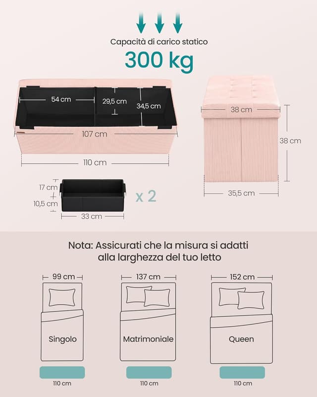 Detalle de SONGMICS LSF604R01 panca contenitore pouf pieghevole rosa pastello 38 x 110 x 38 cm