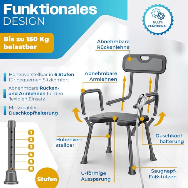 Detalle 2 de KESSER® Duschhocker mit Lehne – höhenverstellbarer Duschsitz für Senioren & Schwangere, 150 kg belastbar