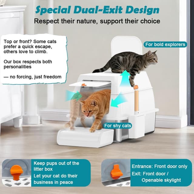 Detalle 2 de Stainless Steel Cat Litter Box with Lid (XL) with Charcoal Filter, Dual-Door Configuration, White