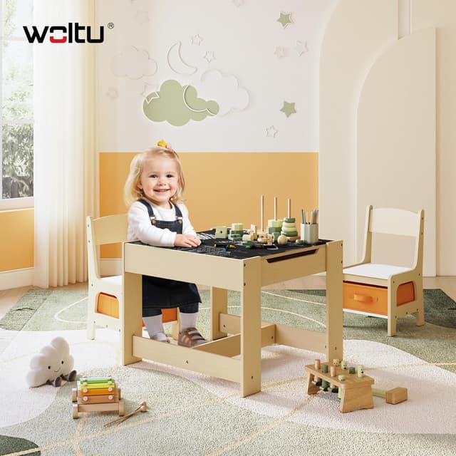 Detalle 2 de WOLTU Kindersitzgruppe (3-tlg.) mit Kindertisch, Kreidetafel & Stauraum