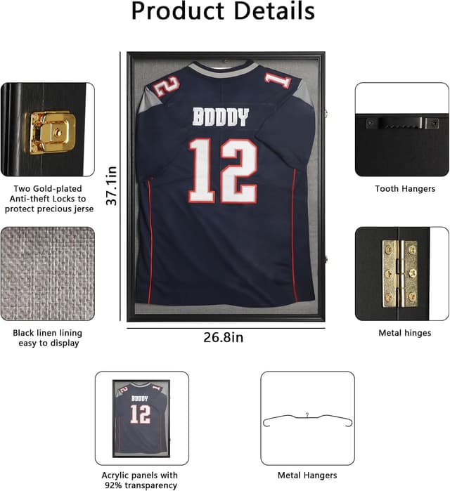 Detalle de IHEIPYE Large Lockable Jersey Frame Display Case with UV-Protection Acrylic Panel (Linen Black)