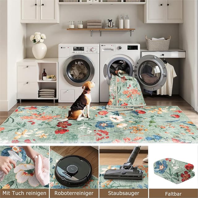 Detalle de HUGEAR waschbarer Teppich mit Blumenmuster (200x300 cm) – rutschfest für Wohnzimmer, Schlafzimmer & Büro