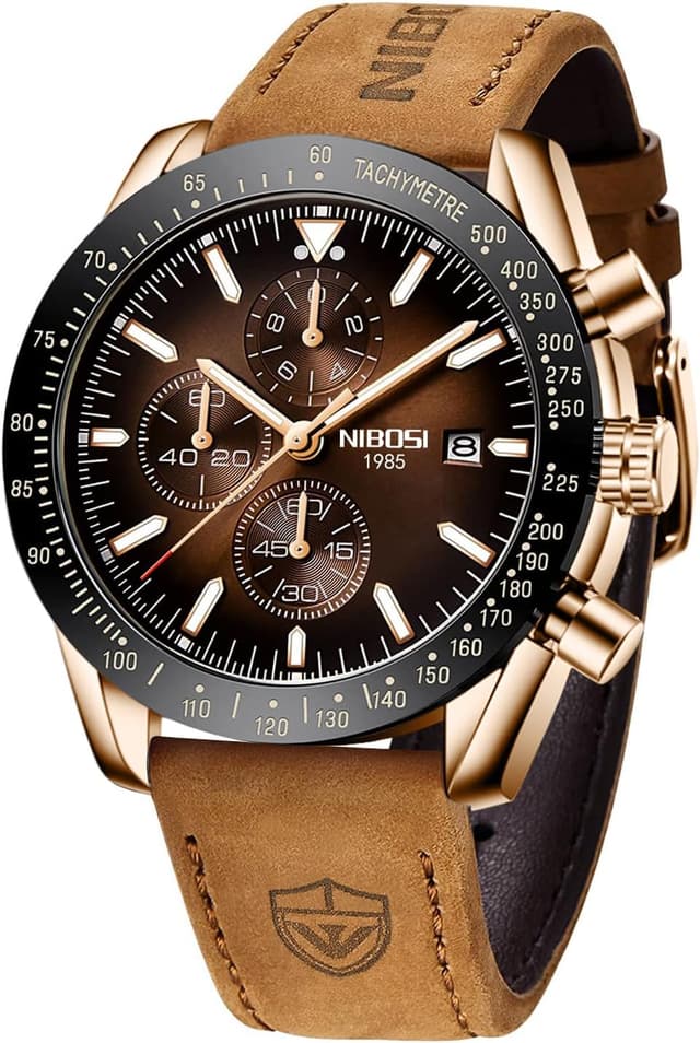 Detalle de NIBOSI orologio da uomo analogico al quarzo cronografo con data, impermeabile 3 ATM e cinturino in pelle