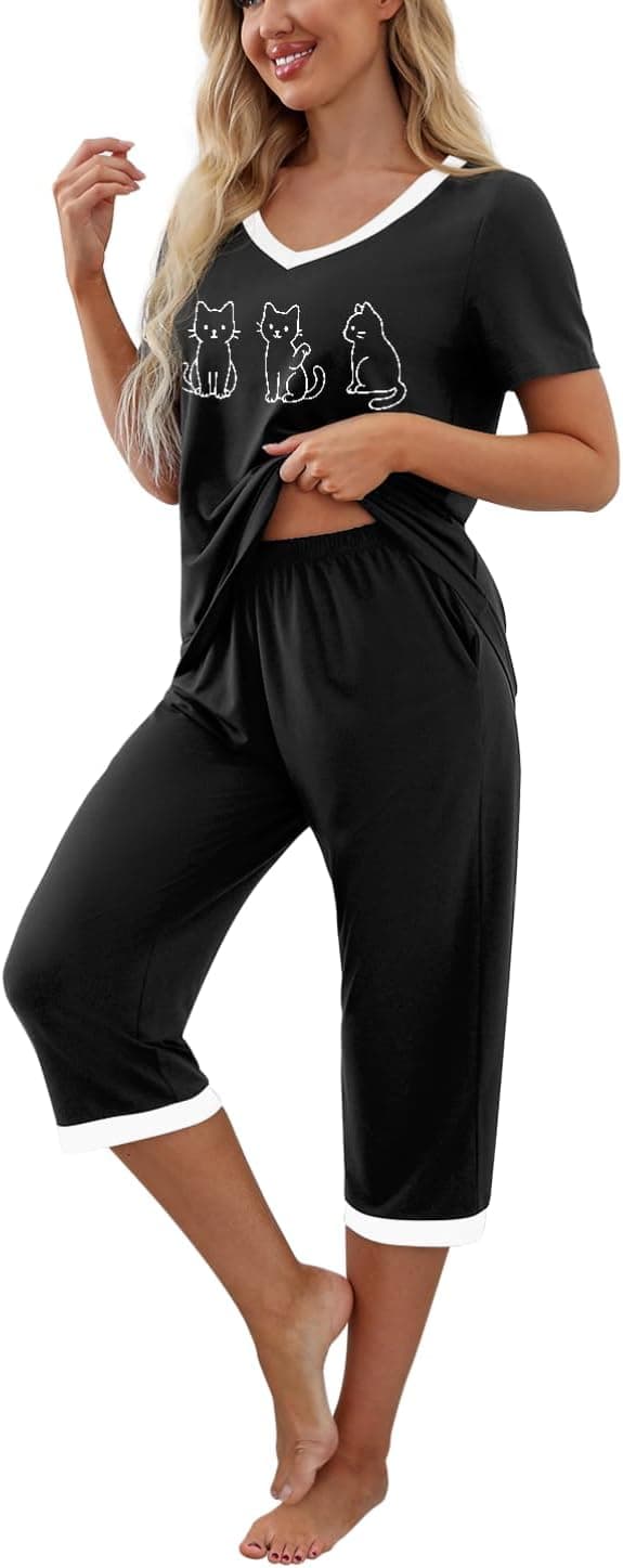 Detalle de PrinStory Women’s Pyjamas Set (Short Sleeve T-Shirt and Capri Pants) with Pockets
