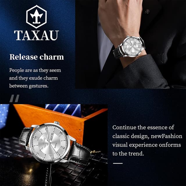 Detalle de Taxau Herrenarmbanduhr aus Leder mit großem Zifferblatt, Quarzwerk, Datum und 3ATM-Schutz