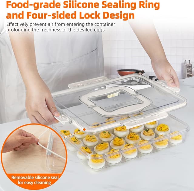 Detalle 2 de MesRosa 2-Pack Deviled Egg Containers with Lid and Handle (Holds 48 Eggs) — Stackable Clear Plastic Carrier, White