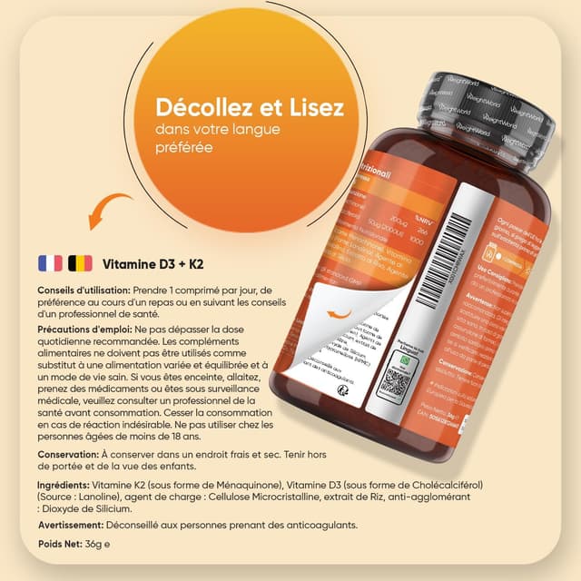 Detalle de WeightWorld Vitamine D3 K2 MK7 (MK-7) – 365 micro-comprimés végétariens, 2000 UI D3 et 200 µg K2