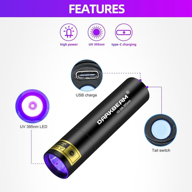 Detalle de DARKBEAM 395 NM UV Flashlight (USB-C Rechargeable) – handheld Wood’s lamp for UV fluorescence, resin curing & pet urine detection