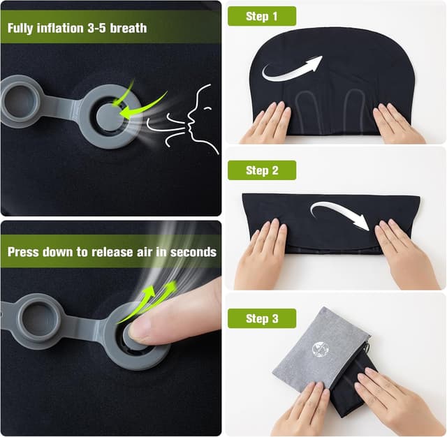 Detalle de JetsCush Camping Pillow – Lightweight inflatable travel and camping neck support (Black)