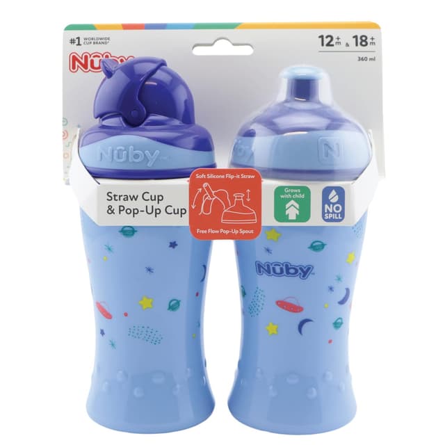 Detalle de Nuby 2er Pack auslaufsichere Trinkflaschen: Flip-it Trinklernflasche 360 ml + Pop-up Trinklernbecher (BPA-frei) – Blau