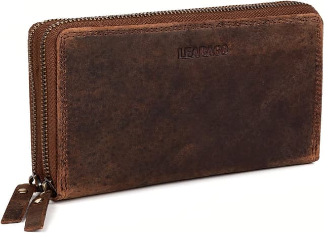Detalle de LEABAGS Leder Geldbörse Damen – XXL Portemonnaie mit RFID/NFC-Schutz, Doppelter Reißverschluss (Vintage Dunkelbraun)