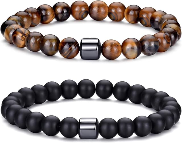 Detalle de MOROTOLE Herren-Armband-Set mit 8-mm Tigerauge, Lavastein und Obsidian – Stretcharmbänder aus Naturstein