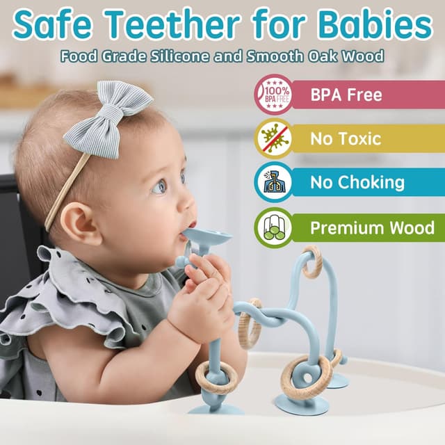 Detalle 2 de AiTuiTui high chair suction toy with wooden ring (blue) for babies and toddlers