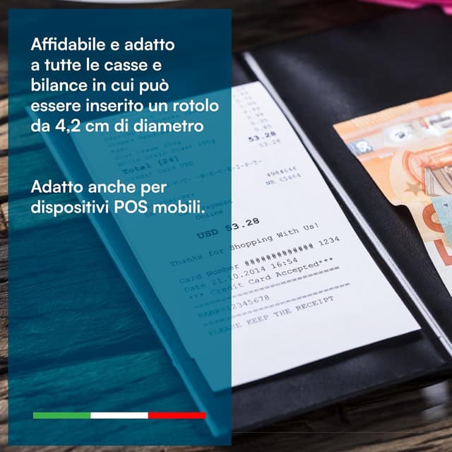 Detalle de Rotoli termici per registratori di cassa: 20 rotolini omologati 57 mm x 30 m, diametro 42 mm (senza BPA) compatibili Nexi Axerve Ingenico