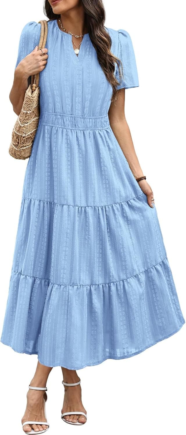 Detalle de RUMIA Women Casual Midi/Maxi Dress with V Neck, Elastic Waist, and Pockets (S–2XL)