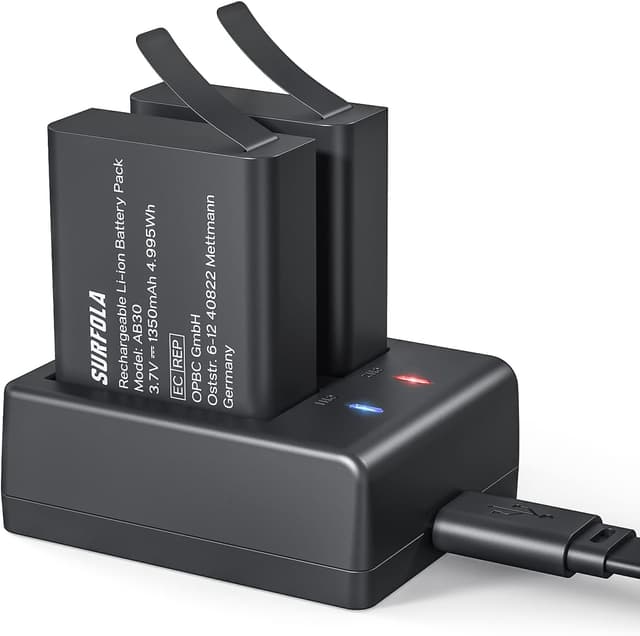 Detalle de Batteries rechargeables Surfola (compatible Wolfang) 1350 mAh pour caméra sport – pack de 2 + chargeur USB double