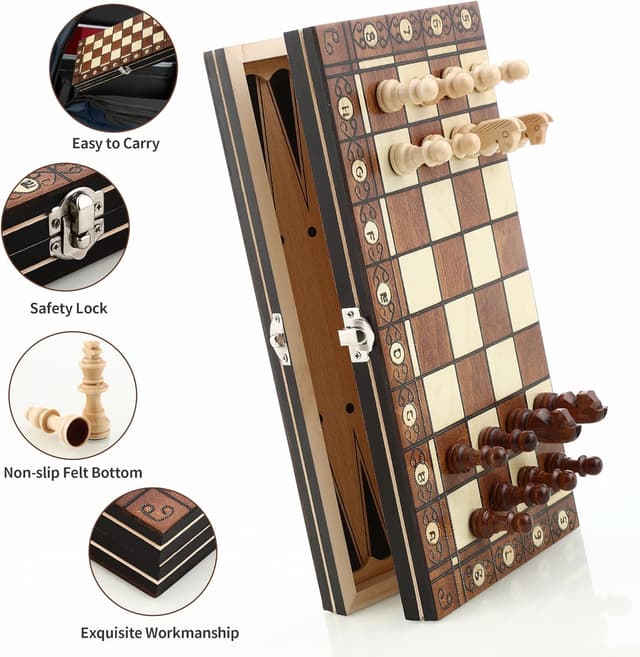 Detalle de Scacchiera magnetica pieghevole in legno 3 in 1 (29x29 cm) per scacchi, dama e backgammon