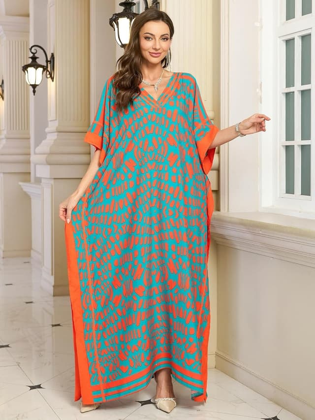 Detalle de Kaftan V-Neck Print Swimsuit Cover-Up Dress (One Size, Plus Size) for Beach & Lounge