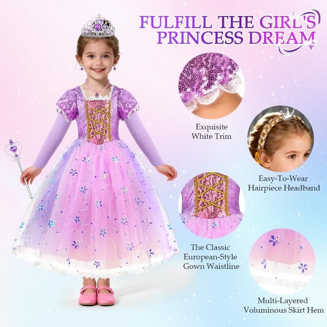 Detalle de AOOWU Prinzessin Kleid für Mädchen „Rapunzel“ (lila) inkl. Krone, Perücke & Zauberstab – Karneval, Halloween, Geburtstag