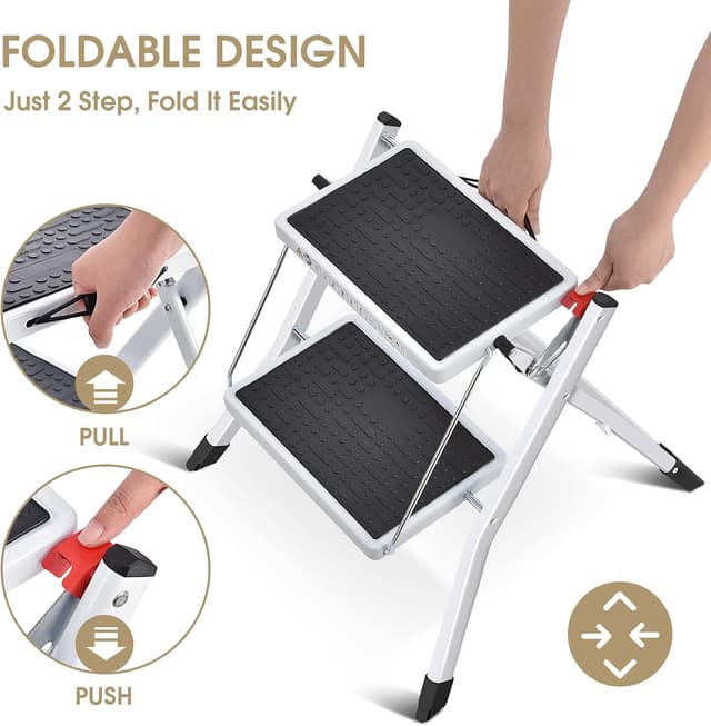 Detalle 2 de KINGRACK Folding Step Ladder (2-Step) foldable stepladder stool with handle, non-slip mat, up to 330lb, white