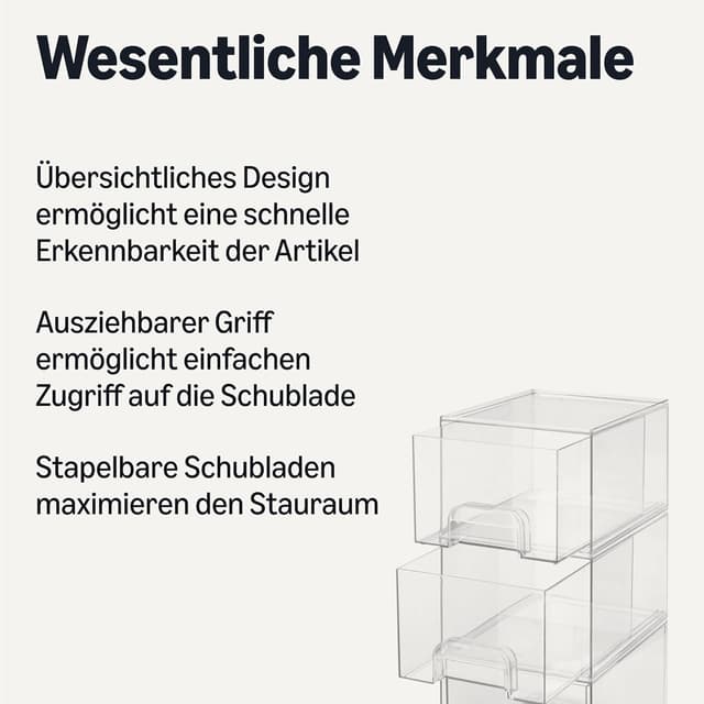 Detalle de Amazon Basics stapelbare Aufbewahrungsschubladen aus Kunststoff (4er-Set), transparent