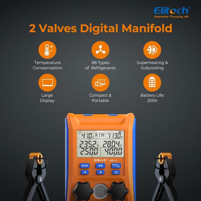Detalle 2 de Elitech LMG-10Plus 2-Way Digital Manifold for HVAC Refrigerant Pressure & Superheat/Subcooling